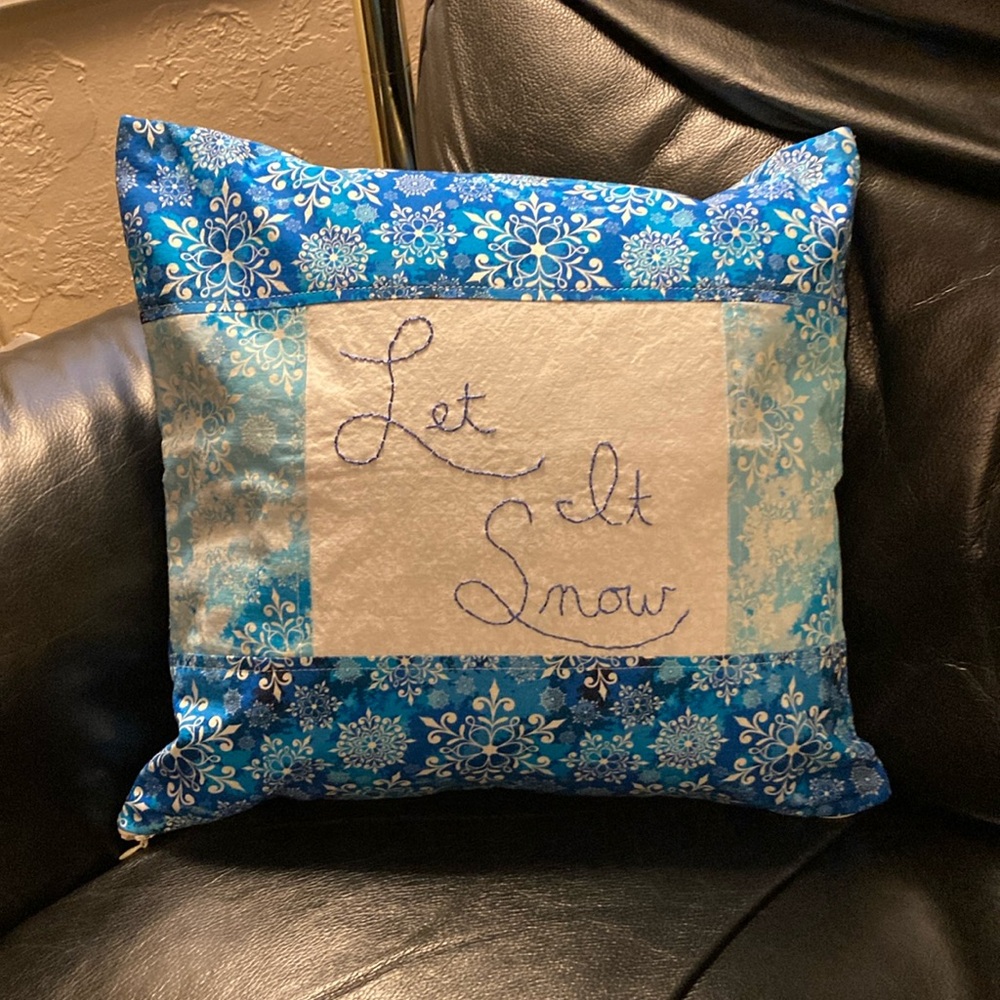 Christmas Pillow Cover Let It Snow Blue Snowflake Fabric Handmade Embroidered